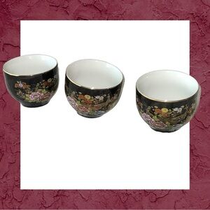 3 Vintage MCI Black w Gold Trim Japanese Cups Peacocks Flowers